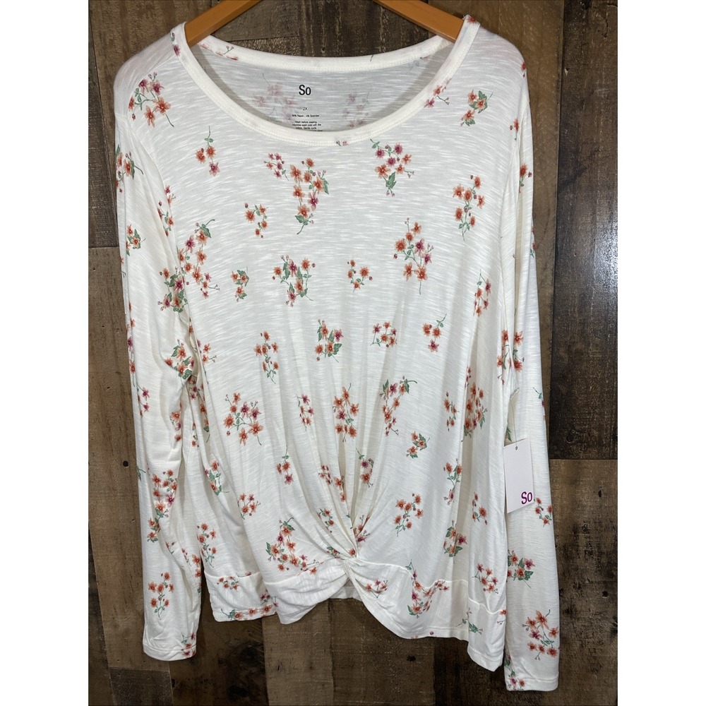 SO Women's Top Long Sleeve Size 2X Floral Lightweight Tie Front Accent